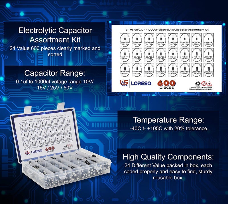 LSR LORESO Loreso Electrolytic Capacitor Variety Pack 600 pcs Assortment Kit Box - 600pcs 24 Value - Electrolytic Capacitors 0.1uf to 1000uf 50V, for Electronics Projects - Image 3
